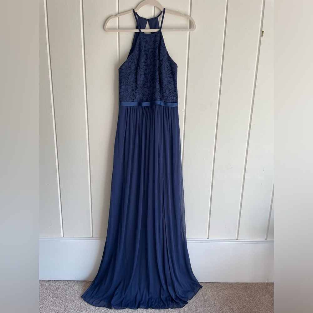 David’s Bridal Navy Blue Lace High Neck Gown Size 6 Prom Homecoming Bridesmaid